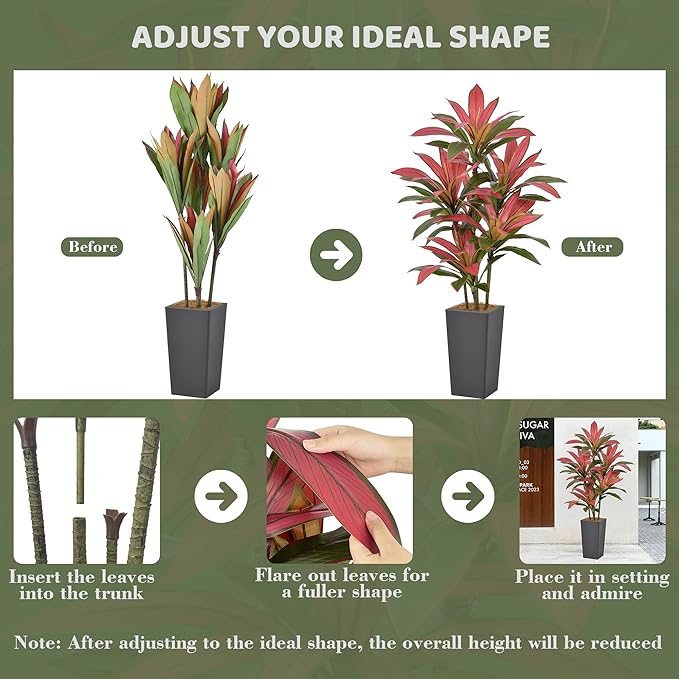 Roselywed Artificial Red Dracaena Tree 5FT with 90 Leaves & 6 Heads & Gray Tall Planter Cover with Coconut Fiber Tall Faux Tropical Silk Bicolor Plant 60 Inch for Indoor Home Office Porch Mall Decor