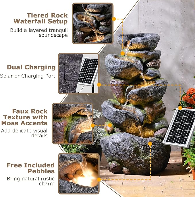 5-Tier Rock Solar Water Fountain Outdoor Garden, 36.2''Tall Cascading Natural Solar Powered Fountain Outdoor with LED Lights, Water Feature for Garden, Patio, Deck, Backyard Decor