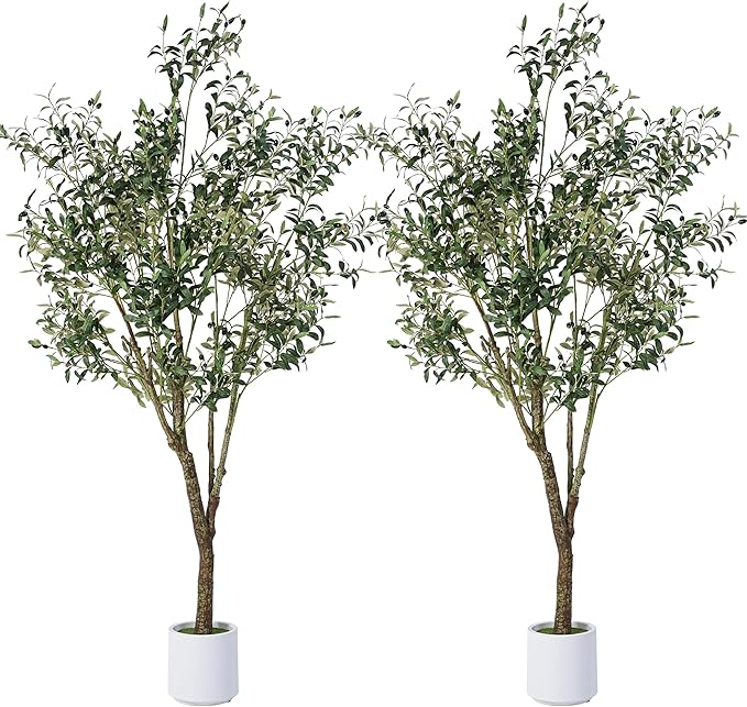 Jocoevol Artificial Olive Tree 7FT, Indoor Fake Silk Plant with Realistic Trunk, Leaves, Fruits and White Planter, Faux Potted Tree for Home Decor and Housewarming Gift, 2 Pack