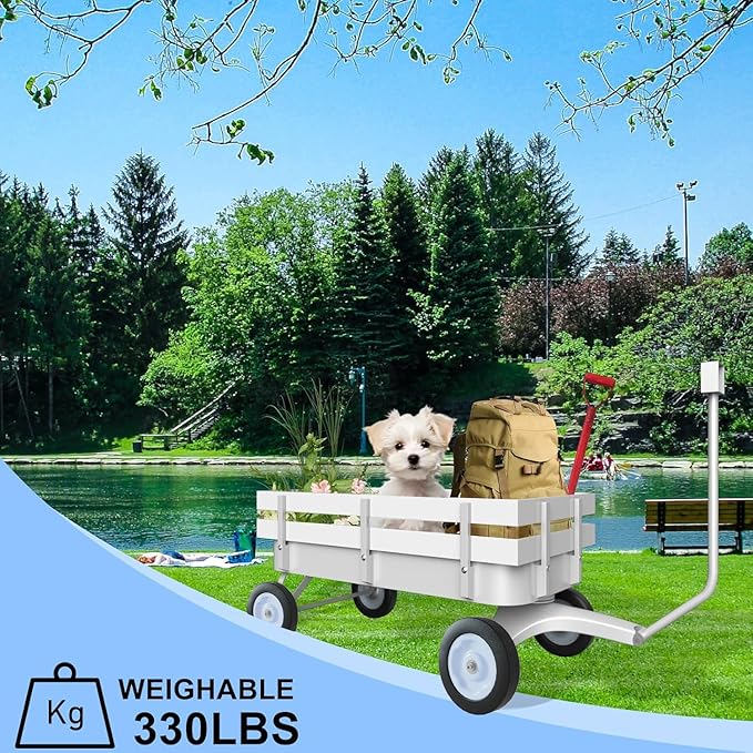 White All-Terrain Wagon, Wedding Flower Girls Wagon Cart with Handle, Utility Steel Cargo Wagons with Removable Wooden Side Panels (White, Small)