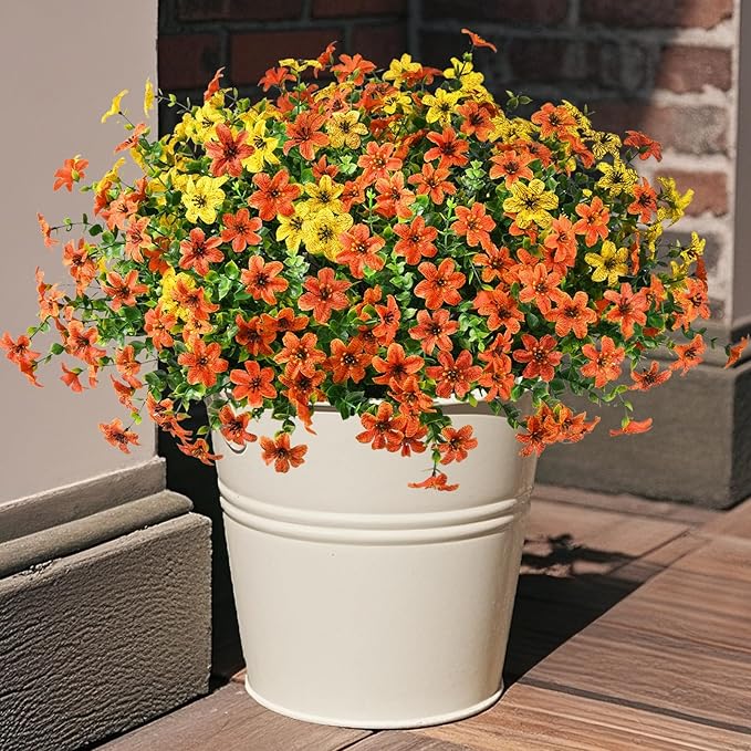 Artificial Flowers for Outdoors 12 Bundles Fake Plants Spring Home Decoration, Realistic Faux Flower Silk Daisy with Eucalyptus Stem UV Resistant Patio Planter Porch Yard Window(Orange Yellow)