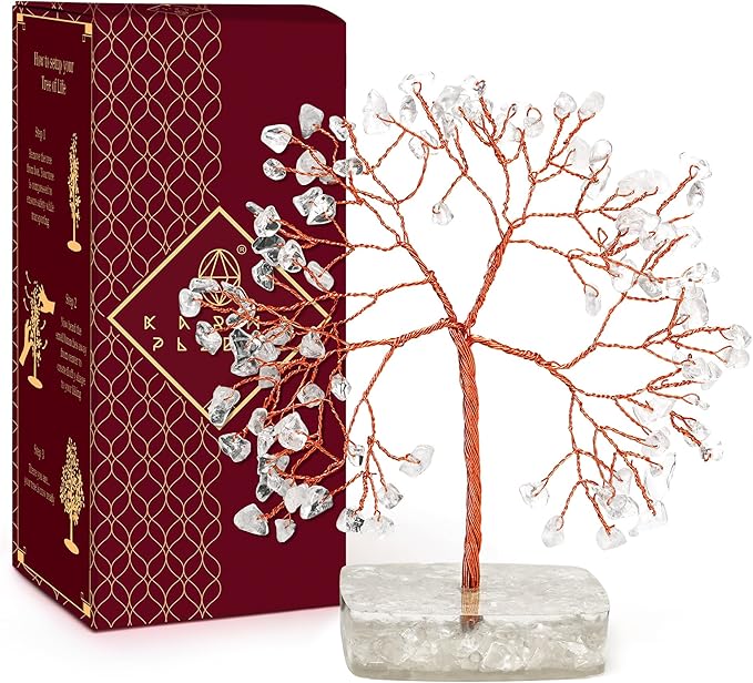 Clear Quartz Crystal Tree of Life Spiritual gifts for Women, 7 Chakra Reiki Healing Crystals for Positive Energy & Good Luck, Money Bonsai Trees, Handmade Feng Shui Home and Office Decoration