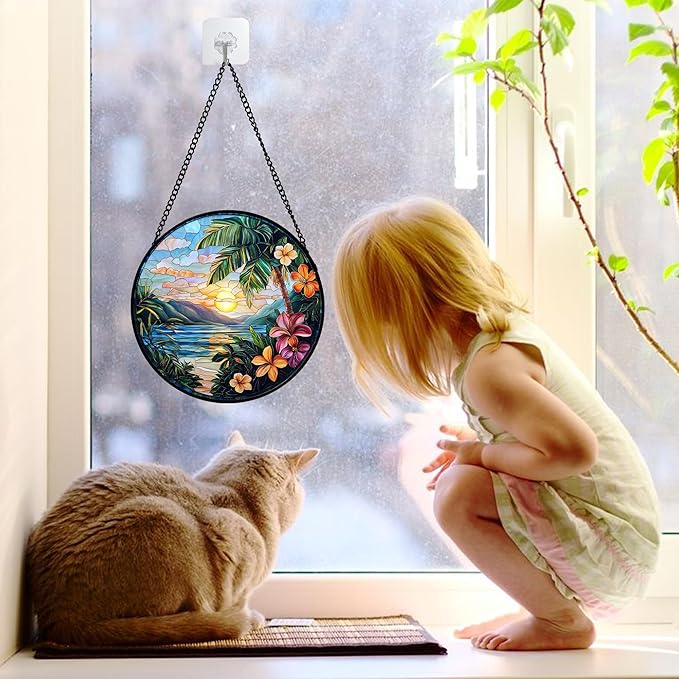 DASTOLL Stained Glass Window Hanging, Colorful Landscape Suncatcher for Doors Home Sun Catchers Decoration and Christmas, Mother's Day Birthday Gifts for Women, Men, and Mom 6.3 in