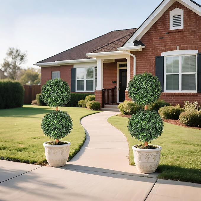 Artificial Boxwood Double Ball Topiary Trees, UV-Resistant Topiary Trees Artificial Outdoors, 3Ft-35 Evergreen Faux Boxwoods for Outdoor Front Porch Decor Home Patio, Set of 2