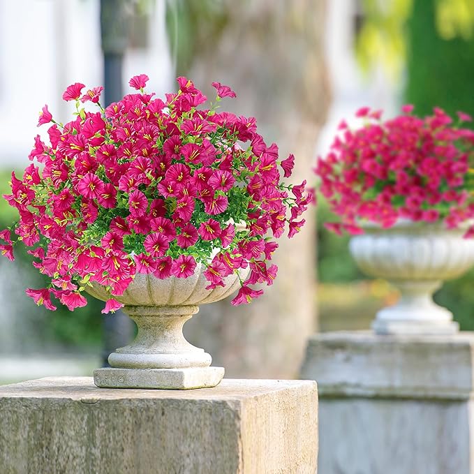 Artificial Flowers for Outdoors 12 Bundles Realistic Faux Plants UV Resistant Fake Silk Morning Glory with Eucalyptus for Front Door Planter Patio Porch Outside Spring Summer Decoration (Magenta)