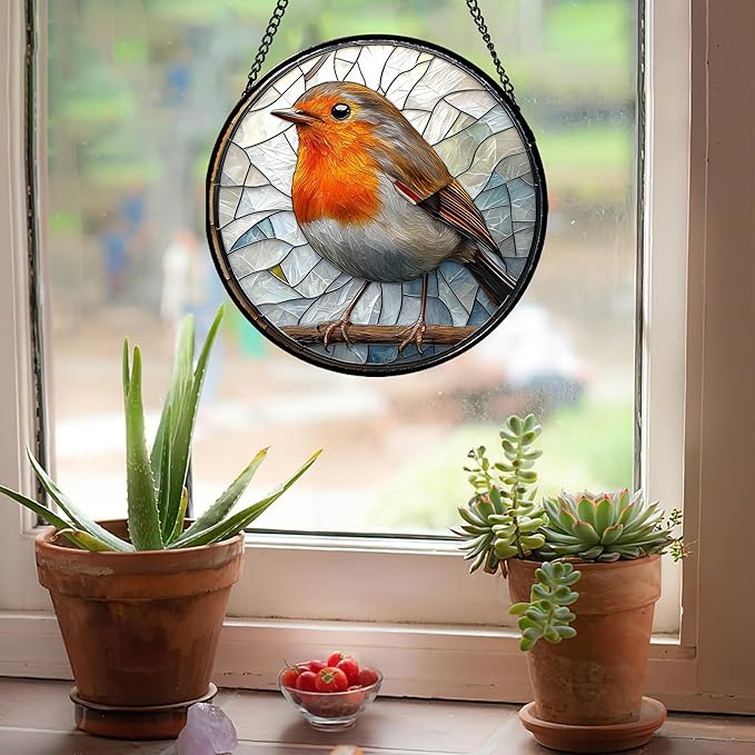AMDERVEN Stained Glass Window Hanging - Orange Grey Robin Sun Catcher for Door Garden Home Decor Bird Lovers Suncatcher Christmas Mother's Day Birthday Gifts for Women Men Mom Nana 6.3 in