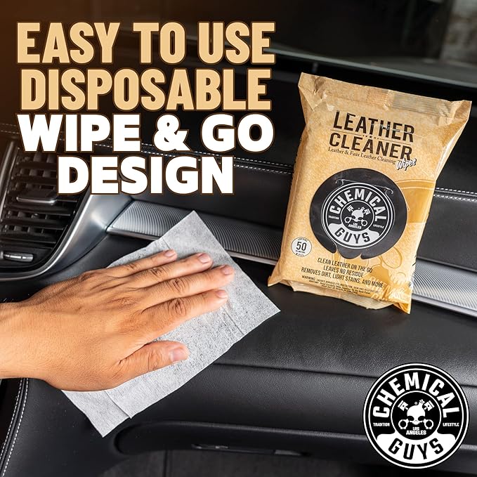 Chemical Guys Leather Cleaner Wipes Mega - Interior Leather Wipes for Cars,Natural,Synthetic,Faux & Pleather Surfaces,Safe for Cars,Trucks,Furniture,Boots & More,Convenient,50 Count (Pack of 6)