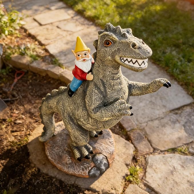 Slo y en i a Funny Garden Gnome Riding Dinosaur Statue - Resin Outdoor Decor for Yard,Patio,Lawn - Whimsical Dinosaur Sculpture Gift for Garden Lovers