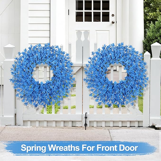 26 Inch Spring Wreaths for Front Door Large Easter Valentines Forsythia Floral Summer Spring Door Wreaths Outdoor All Season Spring Decorations for Home Porch Room Window Wall Farmhouse Decor (Blue-R)