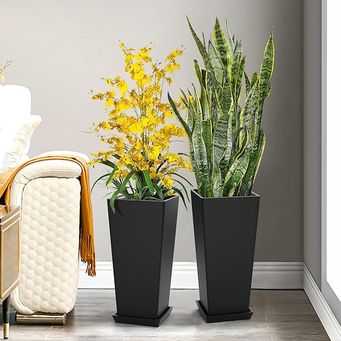 TUYOHW Set of 2 Large Tall Planter for Indoor or Outdoor 24" Flower Pots Tapered Tall Planters with Tray for Porch, Patio, Backyard, Large Planters for Outdoor Indoor Plants(Black)