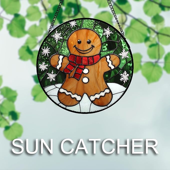 Stained Glass Window Hanging Cute Christmas Gingerbread Man Snowflake 9.8" - Suncatcher Door Garden Sun Catcher Home Decor Birthday for Mom Men Woman Nana Friend