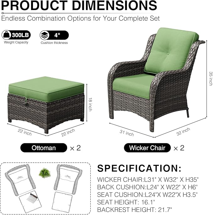Joyside 4 Piece Wicker Patio Furniture Set, Rattan Patio Chairs with High Back, Deep Seating, Wide Armrest, Thickened Cushions, Outdoor Furniture for Deck, Porch Use