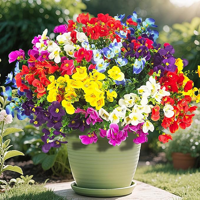 16 Bundles Artificial Silk Flowers Outdoor UV Resistant, Realistic Faux Plants for Spring Wedding Home Decor - Hanging Box Planter Garden Porch Patio Yard Decoration