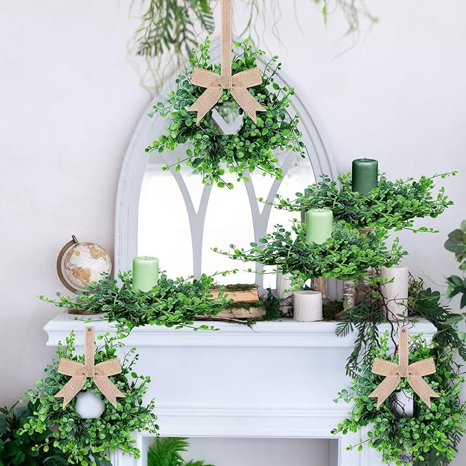 12 Pcs Mini Boxwood Table Centerpieces Green Pillars Candle Rings Wreaths 9 Inch Wreath for Cabinets Farmhouse Wreaths with Ribbon for Front Door Porch Wall Window Decorations