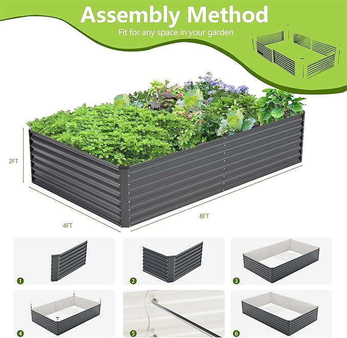 8x4x2FT Galvanized Raised Garden Bed Kit, Galvanized Planter Raised Garden Boxes Outdoor, Large Metal Raised Garden Beds for Vegetables-Grey