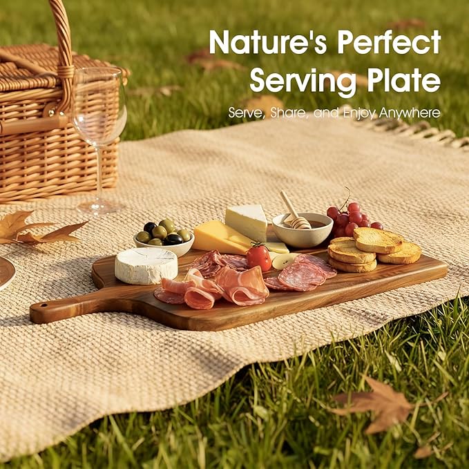 Acacia Wood Charcuterie Board with Handle, Large Cheese Serving & Entertaining Board, Premium Natural Grain Wooden Board for Appetizers, Snacks & Gift Giving