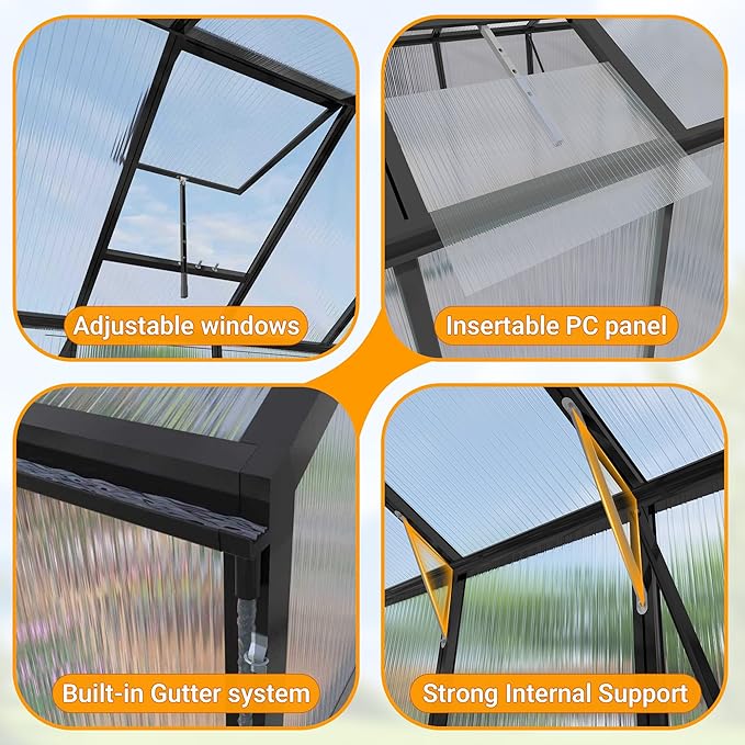 Greenhouse for Outdoors 10x12X8.7FT, Polycarbonate Greenhouses with Stronger Wind Protection and Roof Vent, Walk-in Large Aluminum Winter-Proof Sunroom, Black
