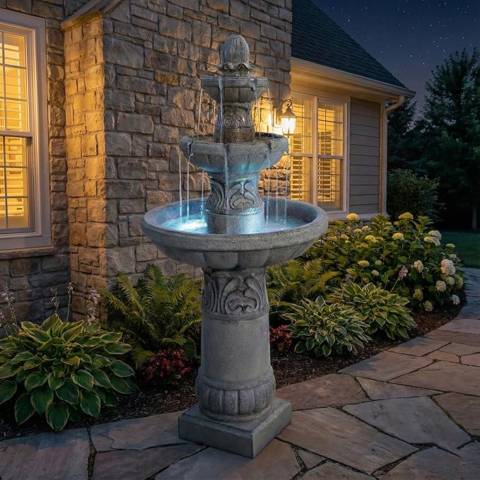 52" H 3-Tier Outdoor LED Garden Fountain, Large Floor Standing Cascading Waterfall with Bubbler Design, Resin Water Feature for Patio Yard Garden, Gray