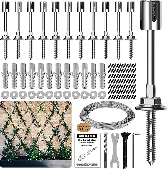 Acemaker Wire Trellis for Climbing Plants Outdoor, 12-Set Wall Wire Trellis Kit with 5/64"(2mm) x 53ft Stainless Steel Cable, T316 Espalier System for Fence and Garden DIY Projects
