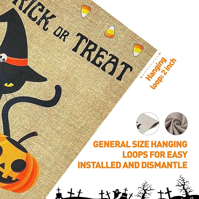Halloween Trick Or Treat Black Cat and Pumpkins Burlap Garden Flag, Double Sided 12×18 Inch Halloween Jack-O-Lantern, Outside Small Yard Outdoor Flags Porch Lawn Yarde Decoration