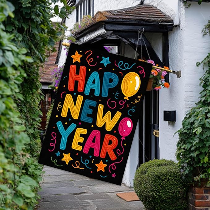 Happy New Year House Flag 28x40 Inch Double Sided Garden Flag Colorful Balloons Stars and Confetti Design Winter Holiday Yard Banner Large Outdoor Flag for Porch Lawn Home Decoration