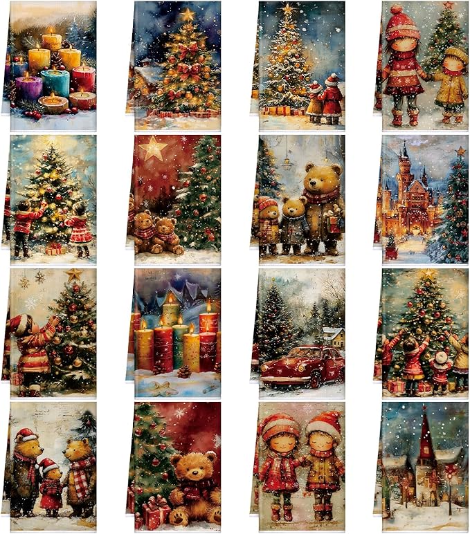 Bencailor 16 Pcs Christmas Kitchen Towels Xmas Holiday Hand Dish Towels Vintage Bear Tea Dishcloths for Christmas Holiday Kitchen Bathroom Home Decor Gifts, 16 x 24 Inch