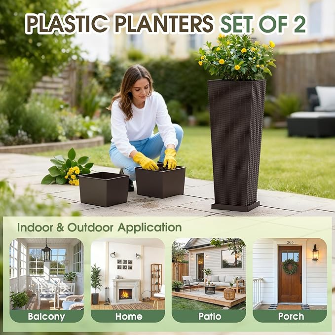 Set of 2 Tall Plastic Planters with Saucer, 32 Inch Height Pots with Drainage Trays, Brown