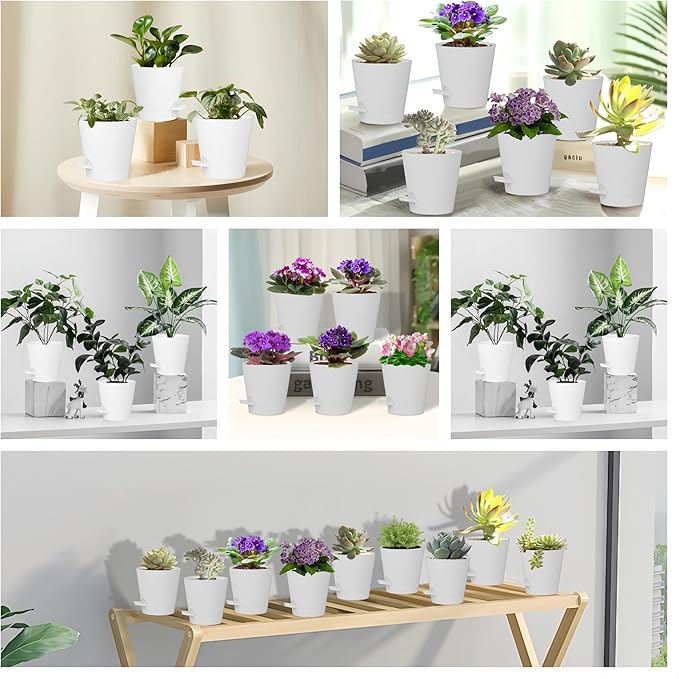zople 5 Pack 5 inch Self-Watering Pots, African Violets Planter with Drainage Holes and Reservoir, White Plastic Planter for Indoor Outdoor Plants Flowers and Houseplants White, 5 inch 5 pcs
