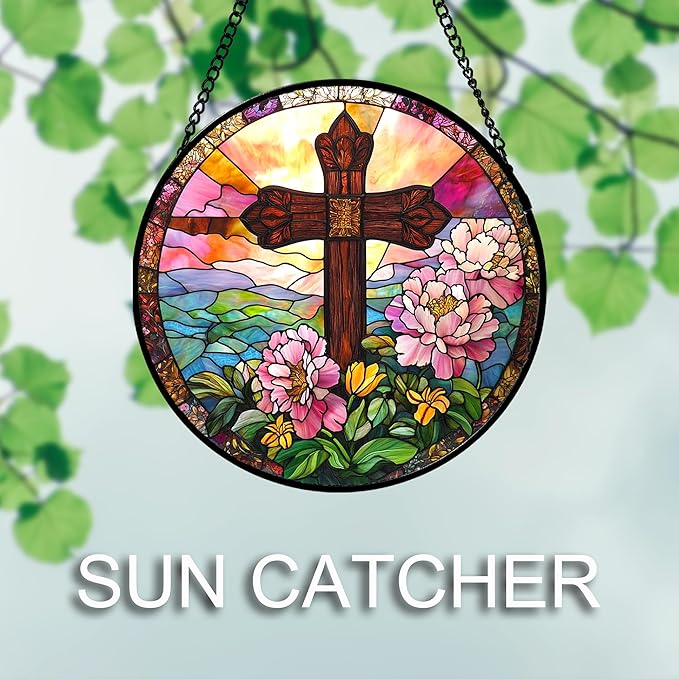 JOSUMALY Christian Gifts for Women - Cross Stained Glass Window Hanging Jesus Easter Pink Flower Peony Sun Catcher Garden Religion Decor Mother's Day Catholic Gift for Men Grandma Mom Her Nana 9.8"
