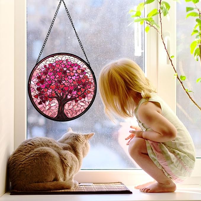 DASTOLL Stained Glass Window Hanging, Pink Love Tree of Life Sun Catchers Colorful Glass Panel Suncatcher Decor for Birthday for Women, Men, Wife, Lovers, and Mom 9.8 in