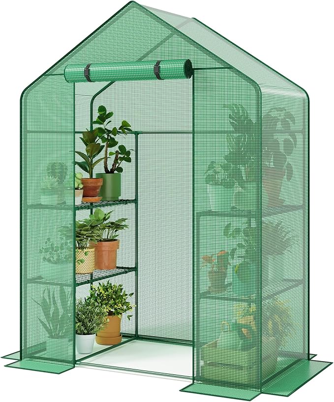 Superlele Walk-in Greenhouse for Outdoor, 56x29x77 Inch Portable Garden Green House with 6 Tiers (3 Tiers Each Side), Reinforced Green PE Mesh Cover, 4 Ground Stakes for Stability, Zippered Door