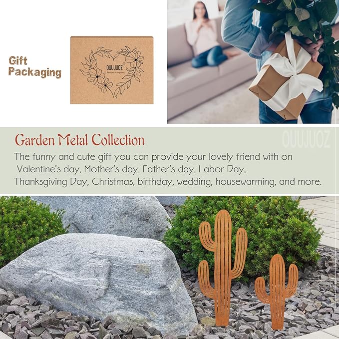 2pcs Metal Cactus Outdoor Decor,Metal Plants Prickly Pear Cactus,Desert Steel Yard Art, Garden Decor、Lawn Decoration
