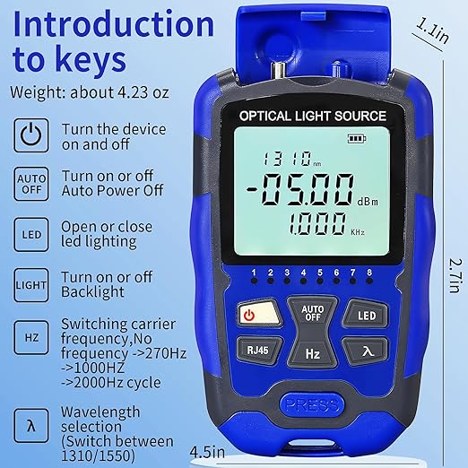 Rechargeable Fiber Optic Light Source A-MC1315 Fiber Optic stabilized Light Source RJ45 Network Testing Single-Mode Dual wavelength 1310 1550nm Suitable for SC/FC/ST/LC Interface with 1 FC-LC Adapter