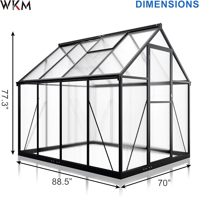 WKM 5.8x7.3 FT Greenhouse for Outdoors, Quick-fit Structure Polycarbonate Greenhouse with Window for Ventilation, Walk-in Aluminum Green House for Outside Garden Backyard, Black
