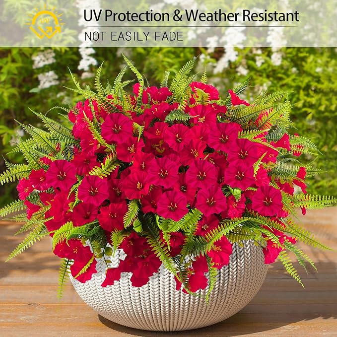 HIAGROW Artificial Flowers Outdoors 12 Bundles Artificial Petunias Fake Flowers UV Resistant Shrubs Plants with Fern for Indoor Outside Hanging Planters Home Garden Summer Decorations(Rose Red)