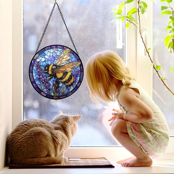 DASTOLL Stained Glass Window Hanging, Bee Lavender Sun Catchers Diamond Glass Panel Hangings Insect Suncatcher Decor for Birthday for Women, Men, Wife, Aunt, and Mom7.8 in