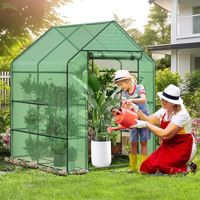 Greenhouse, 56 x 56 x 76'' Heavy Duty Greenhouses for Outdoors, Green House with Roll-Up Door Thicken PE Cover, Portable Walk-in Green Houses for Outside with 3 Tier 8 Shelves