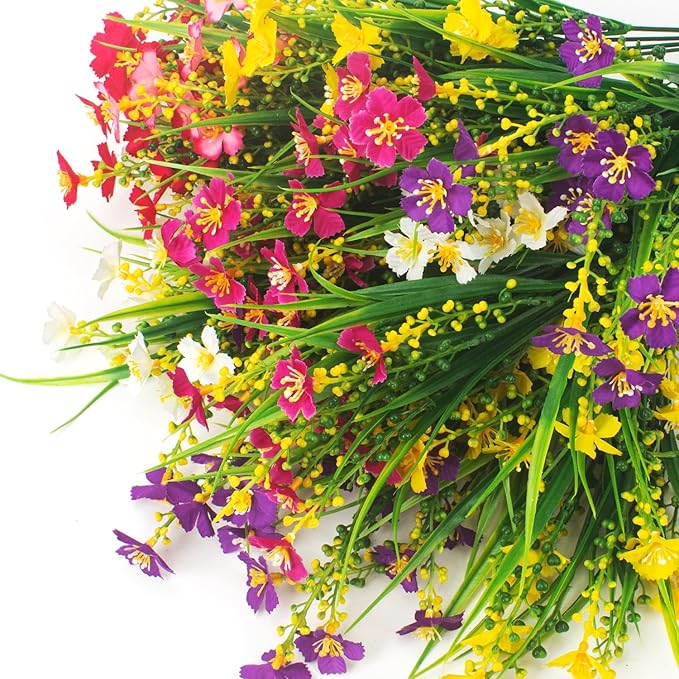 Grunyia 12 Bundles Artificial Flowers Faux Plants Spring Decoration Plastic Plants UV Resistant Shrubs for Home Indoor Outside Garden Window Porch Pots Decoration (Multicolor)