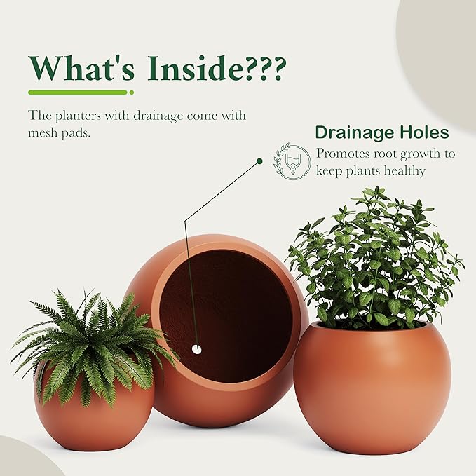 DTY Signature Mount Sherman 12.6''D x 9.8''H Modern Indoor Outdoor Fiberstone Sphere Planter, Durable Round Garden Pot, Weather Resistant, Drainage Hole & Rubber Plug - Small, Terracotta