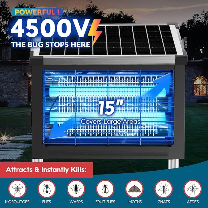 Solar Bug Zapper Outdoor, PhatroyYee Mosquito Zapper 4500V, Waterproof Portable Fly Zapper, Rechargeable Electric Mosquito Killer, Cordless Fly Insect Mosquitos Trap for Patio Yard Home Garden Camping