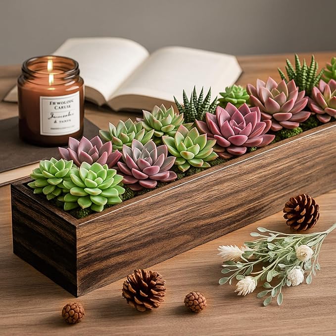 Dandat 4 Set Wood Boxes for Centerpieces 16x4 Inch Rectangle Wooden Planter Box Rustic Wood Planter with Removable Plastic Liner Floral Foam Blocks for Centerpieces Home Wedding Garden Decor