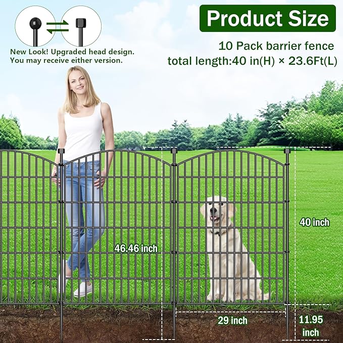 10 Panels No Dig Decorative Garden Fence with Gate - 40 in (H) x 23.6 ft (L), Dog Fence Outdoor for Yard, Rustproof Metal Animal Barrier Ground Stakes Fencing for Garden, Patio, Flower Bed