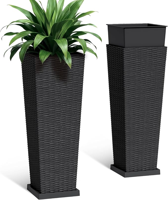 Set of 2 Tall Plastic Planters with Saucer, 32 Inch Height Pots with Drainage Trays, Black