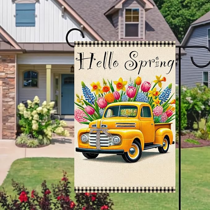 Hello Spring Garden Flag 12 x 18 Inch Double Sided Welcome Spring Flowers Truck Yard Flag Seasonal Outdoor Decor Home Party Porch Yard Farmhouse Holiday Outdoor Decor Flags