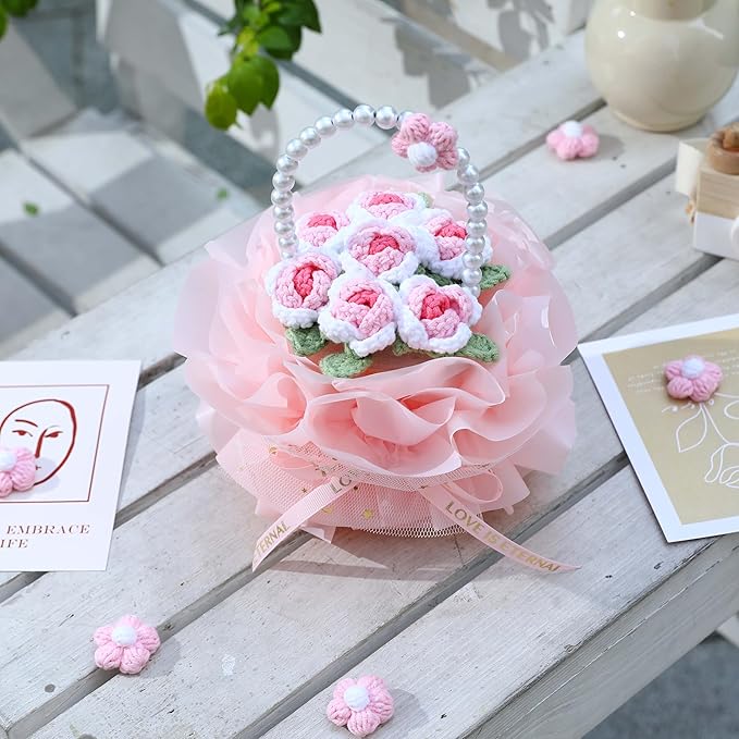 YOOJEE Crochet Flower Bouquet Pink Valentines Day Gift for Her Wife Girlfriend Women Sister Handmade Knitted Rose Basket for Mother Women Teachers Coworkers Gradient Pink Yarn Flower