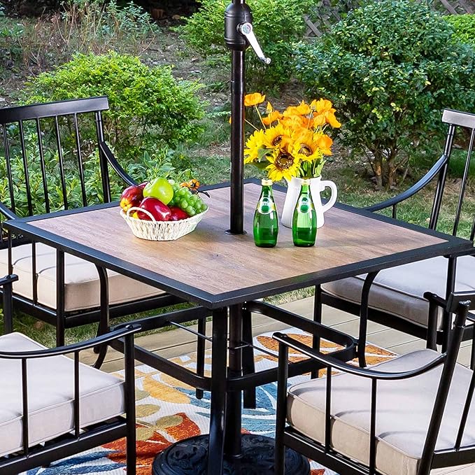 Sophia & William 37" Square Outdoor Dining Table with Umbrella Hole, Imitation of Wooden Surface Patio Dining Table for Lawn Garden, Sturdy Metal Steel Frame with Wood-Like Table top