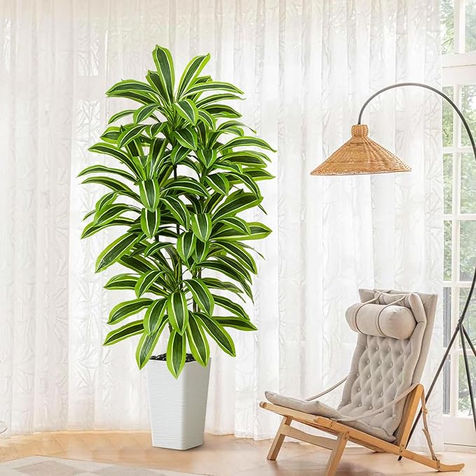 Artificial Yellow Dracaena Tree - 5FT Tall Fake Plants with White Tall Planter - Artificial Plants Indoor Floor Plant in Pot - Large Tropical Fake Yucca Potted Tree for Home Office Living Room Decor