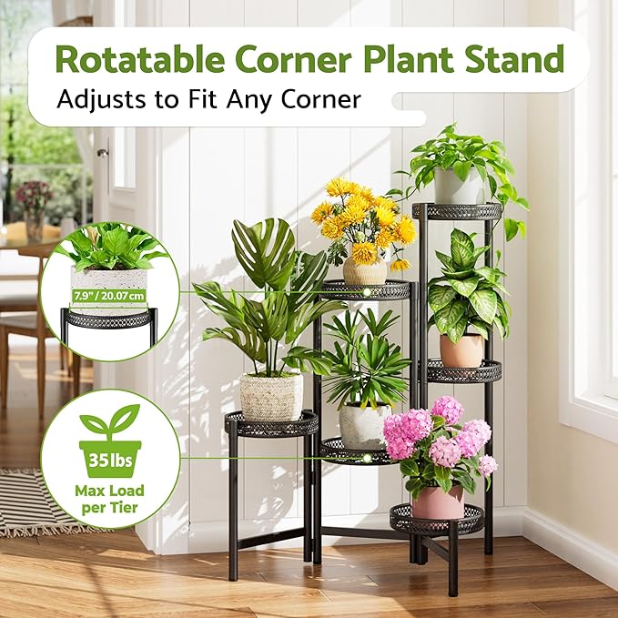 NQW 6 Tier Metal Plant Stand Indoor Outdoor, Corner Tall Plant Shelf for Multiple Plants, Foldable Heavy Duty Plant Holder, Decoration Flower Stand for Living Room Balcony Patio Garden- BlackWave