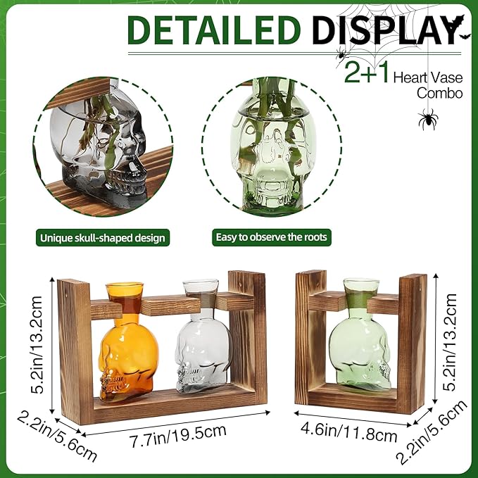2+1 Plant Terrarium Plant Propagation Station Gifts for Father Halloween Skull Home Office Decor with Wooden Stand