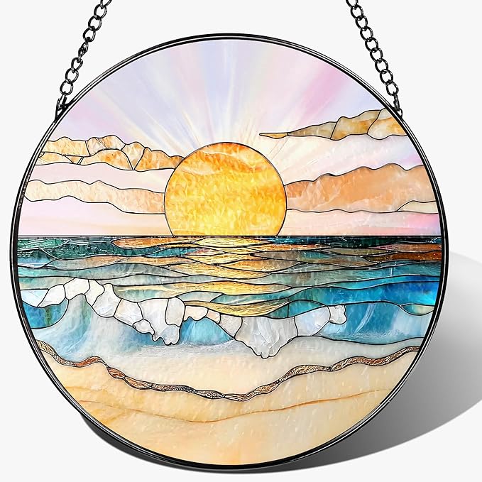 LAOWEIKI 8'' Ocean Sunset Suncatcher Ornament, Stained Glass Window Hanging, Suncatchers for Windows Hanging Ornaments, Window Decor | Beach Lover Gift, Summer Vibes Gift, Gifts for Friends, Famliy